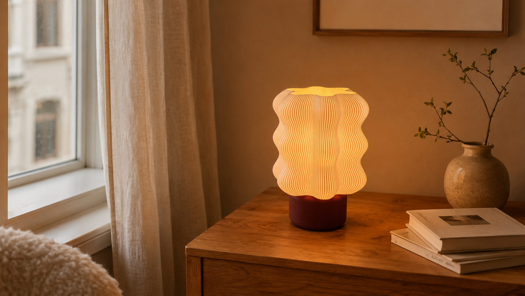En tændt SETTLE bordlampe med bølget riflet skærm og mørkerød base på en egeskænk ved et vindue